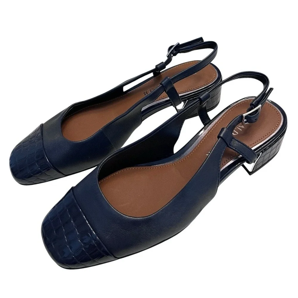 New DONALD PLINER Sz 6M Heels Davina Slingback Navy Blue Croc Embossed Cap Toe